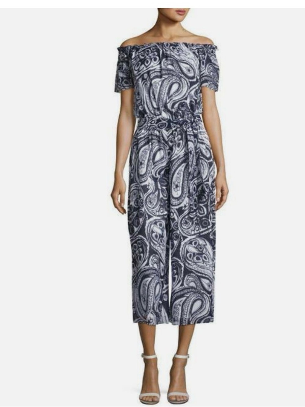 Trina Turk Navy and White Off-Shoulder Paisley Jumpsuit
